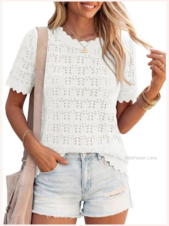 Tops - Crochet Short Sleeve Loose Fit Tops Summer Beach Vacation Outfits 2026